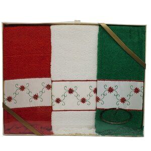 Vintage Abouchar Christmas Poinsettia Fingertip Guest Towels Fringed Embroidered